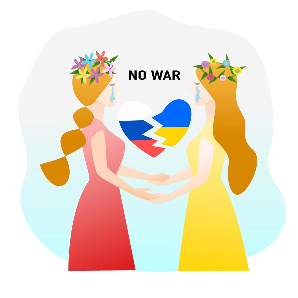 Russisch en Oekraïens meisje, vriendschap hand in hand, huilend, hart gebroken met tekst geen oorlog. vector
