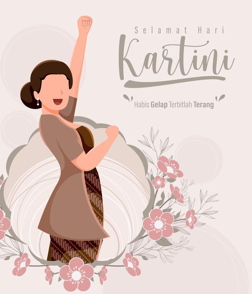 selamat hari kartini betekent gelukkige kartini-dag. kartini is een Indonesische vrouwelijke held. habis gelap terbitlah terang betekent na duisternis komt licht. vector illustratie