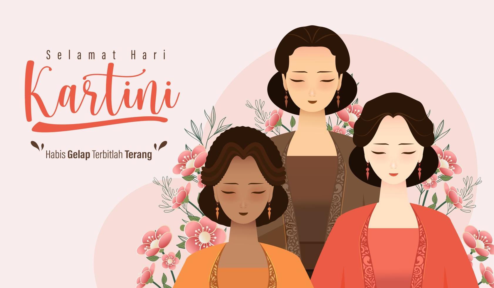 selamat hari kartini betekent gelukkige kartini-dag. kartini is een Indonesische vrouwelijke held. habis gelap terbitlah terang betekent na duisternis komt licht. vector illustratie