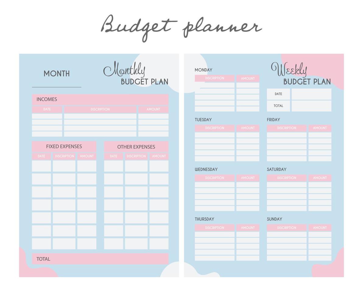 2 een set plannermemo's voor het bijhouden van uitgaven en budgettering. persoonlijke maand- en weekbudgetplanner in a4 formaat. financiën, inkomsten en uitgaven. klaar om te printen. vector