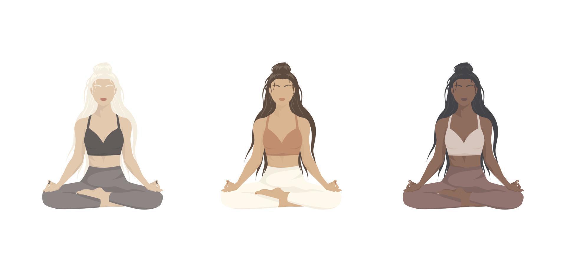 vector tekening van vrouwen in yoga pose van verschillende nationaliteiten en huidskleuren.