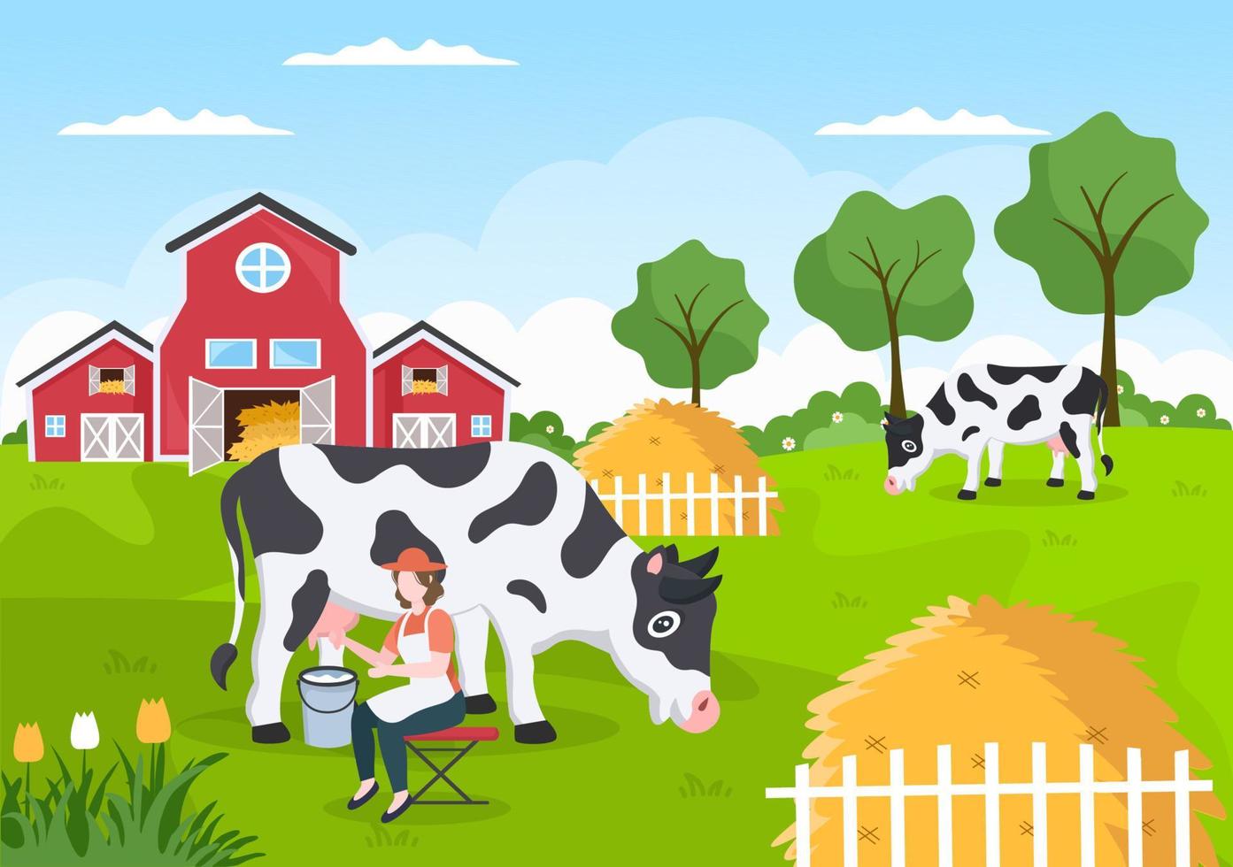 boeren melken koeien om melk te produceren of te verkrijgen met uitzicht op groene weiden of op boerderijen in een vlakke illustratiestijl vector