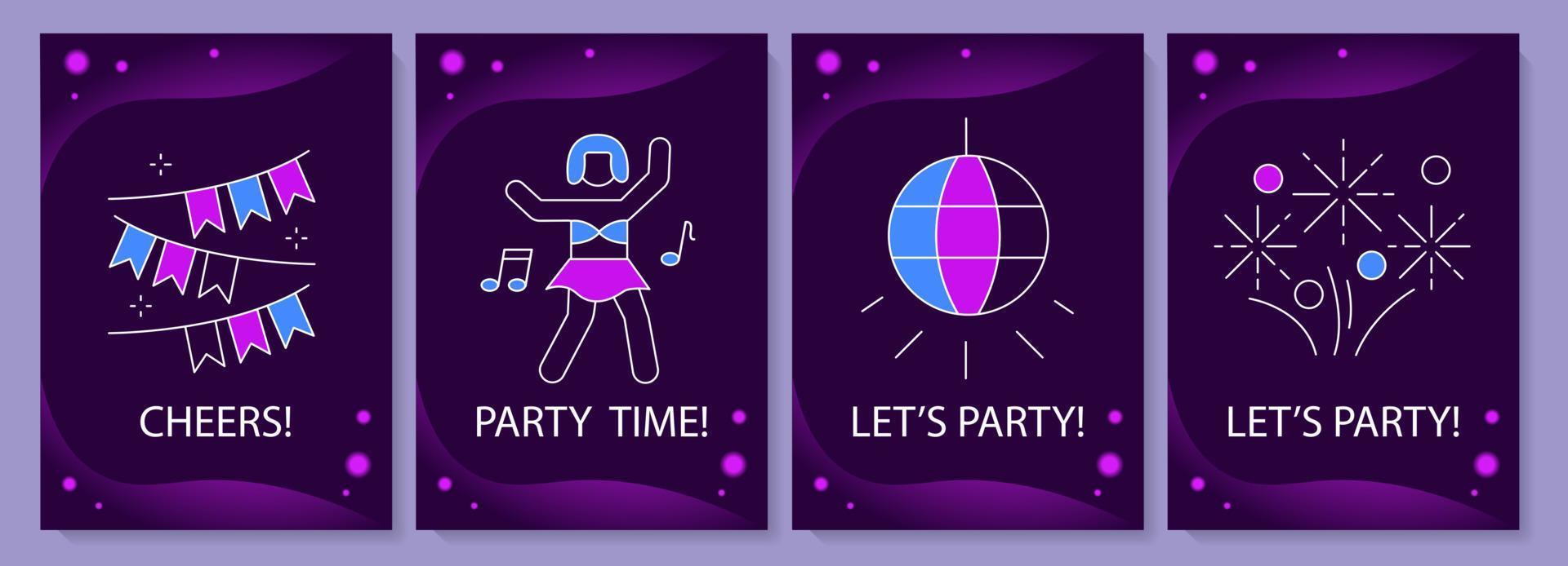 feestelijke partij wenskaarten met kleur icon element set. plezier maken en dansen. briefkaart vector ontwerp. decoratieve flyer met creatieve illustratie. notitiekaart met felicitatiebericht