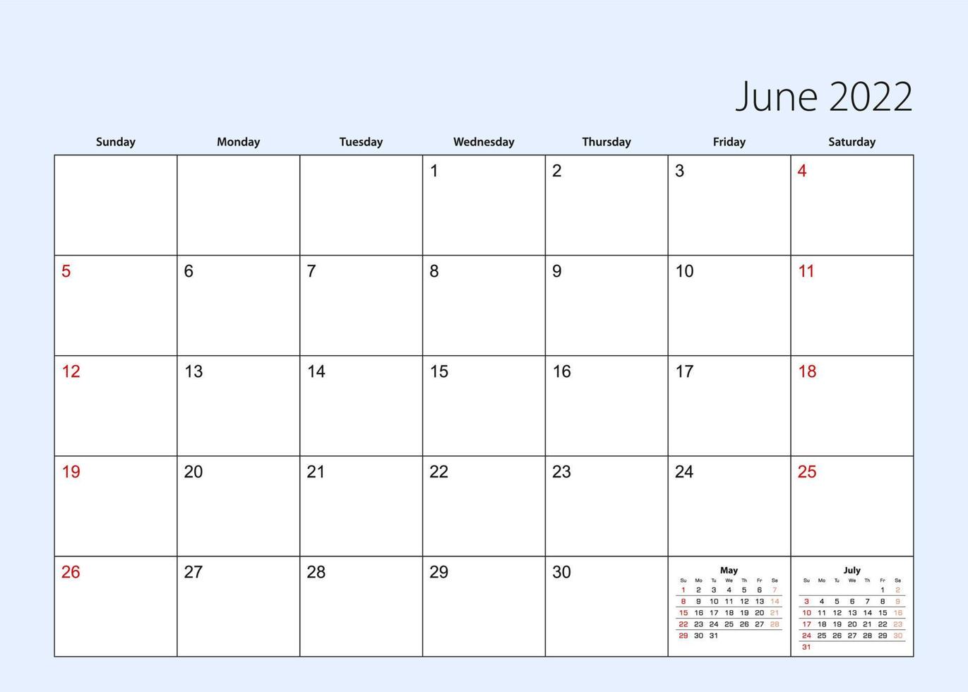 wandkalender planner voor juni 2022. engels taal, week begint vanaf zondag. vector