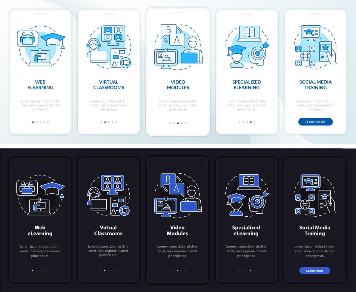 e-learning typen nacht- en dagmodus onboarding mobiele app-scherm. walkthrough 5 stappen grafische instructiepagina's met lineaire concepten. ui, ux, gui-sjabloon. talloze pro-bold, reguliere lettertypen gebruikt vector