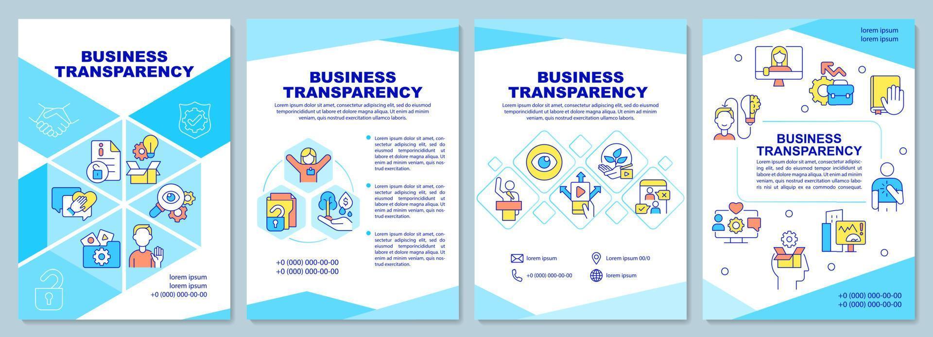 zakelijke transparantie blauwe brochure sjabloon. geopend bedrijf. boekje afdrukontwerp met lineaire pictogrammen. vectorlay-outs voor presentatie, jaarverslagen, advertenties. arial-black, talloze pro-reguliere lettertypen gebruikt vector