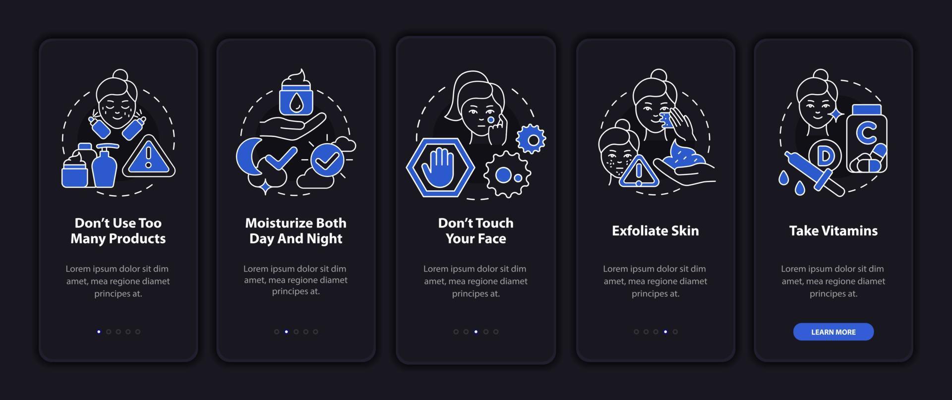 huidverzorgingstips nachtmodus onboarding mobiele app-scherm. skin healthcare walkthrough 5 stappen grafische instructiepagina's met lineaire concepten. ui, ux, gui-sjabloon. talloze pro-bold, reguliere lettertypen gebruikt vector