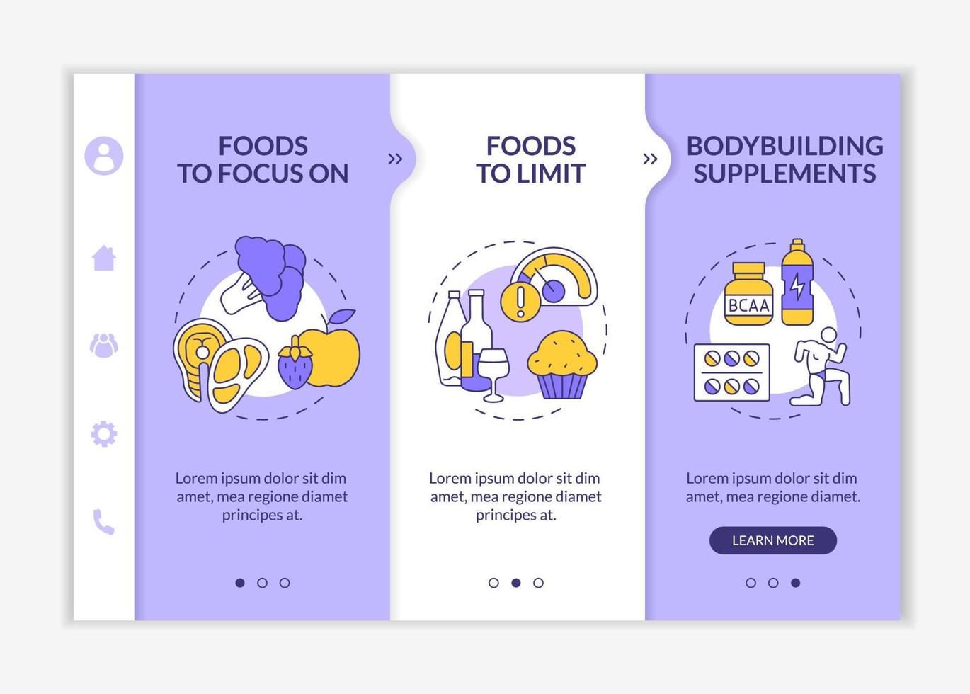 bodybuilding voeding paarse en witte onboarding sjabloon. gezondheidszorg. responsieve mobiele website met lineaire conceptpictogrammen. webpagina walkthrough 3 stap schermen. lato-bold, gewone lettertypen gebruikt vector