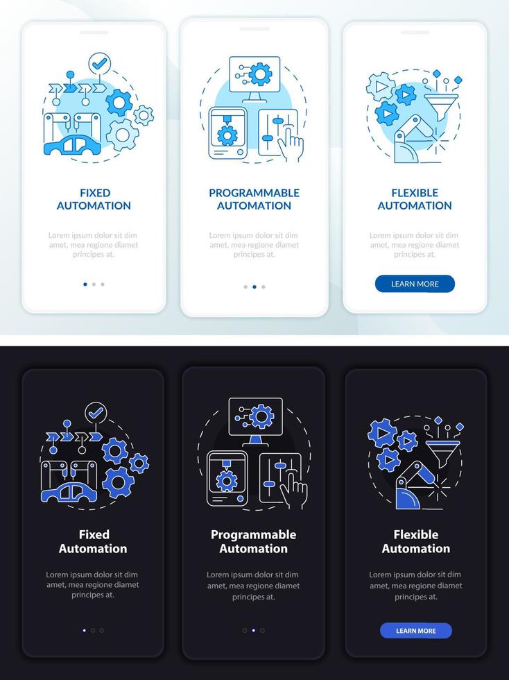 automatiseringstypen nacht- en dagmodus onboarding mobiele app-scherm. walkthrough 3 stappen grafische instructiepagina's met lineaire concepten. ui, ux, gui-sjabloon. talloze pro-bold, reguliere lettertypen gebruikt vector