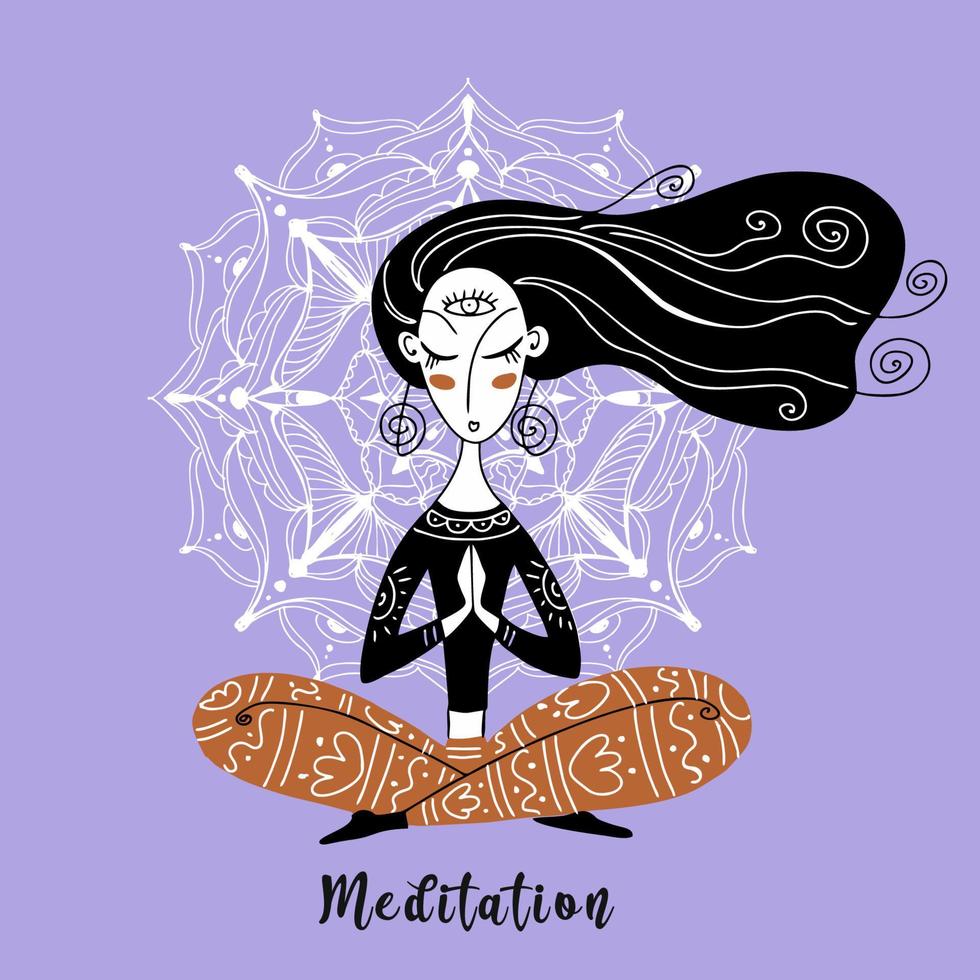het meisje mediteert. yoga. meditatie. yoga houdingen. namasté. tegen de achtergrond van een mandala. vector. vector