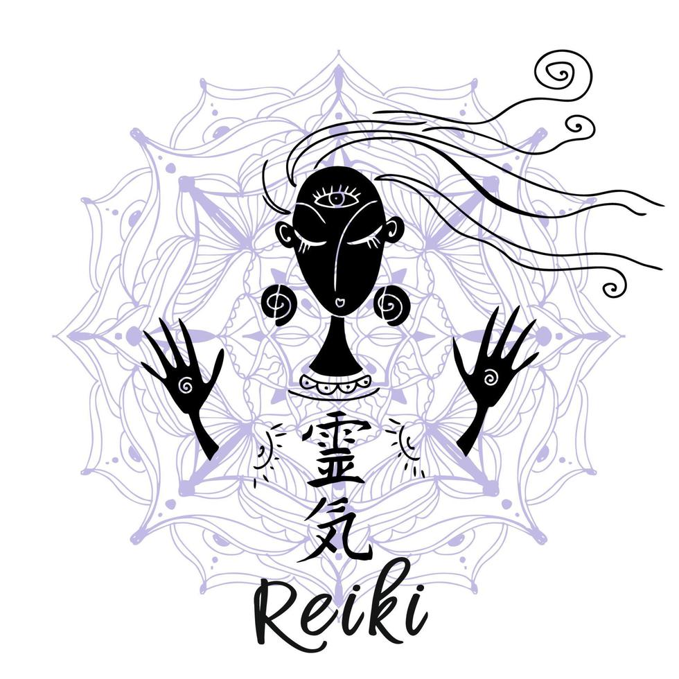 reiki-genezing. een meisje in de lotushouding leidt een reikisessie. vector