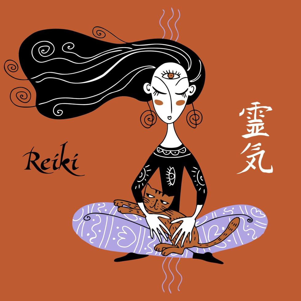 reiki genezing. het meisje doet een helende sessie in de stroom van reiki-energie voor de kat. vector. vector