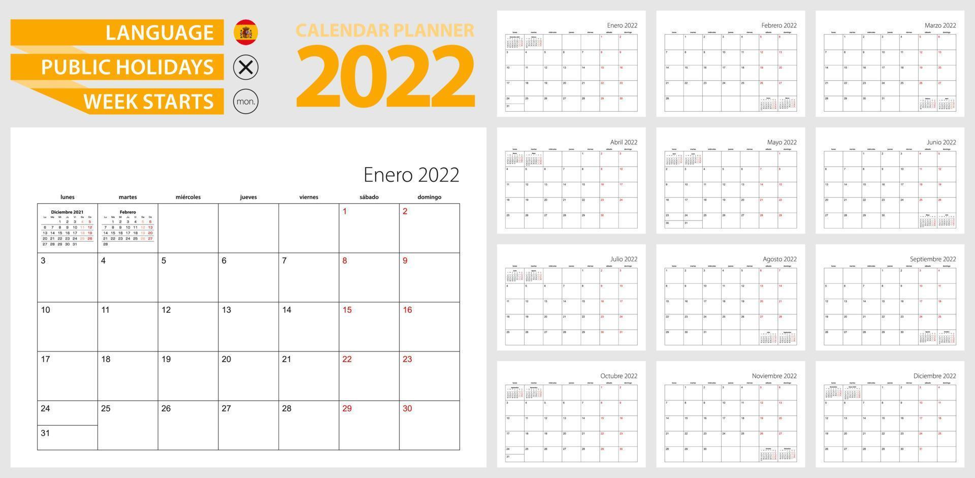 Spaanse kalenderplanner voor 2022. Spaanse taal, week begint vanaf maandag. vectorsjabloon. vector