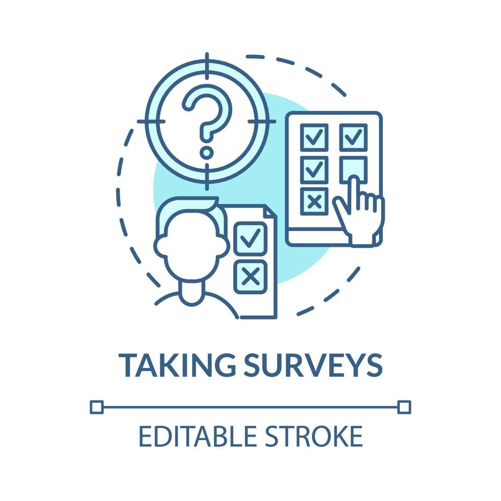 het nemen van enquêtes blauw concept icoon. geld verdienen online benadering abstracte idee dunne lijn illustratie. vragen beantwoorden. betaalde online enquêtes. vector geïsoleerde omtrek kleur tekening. bewerkbare streek