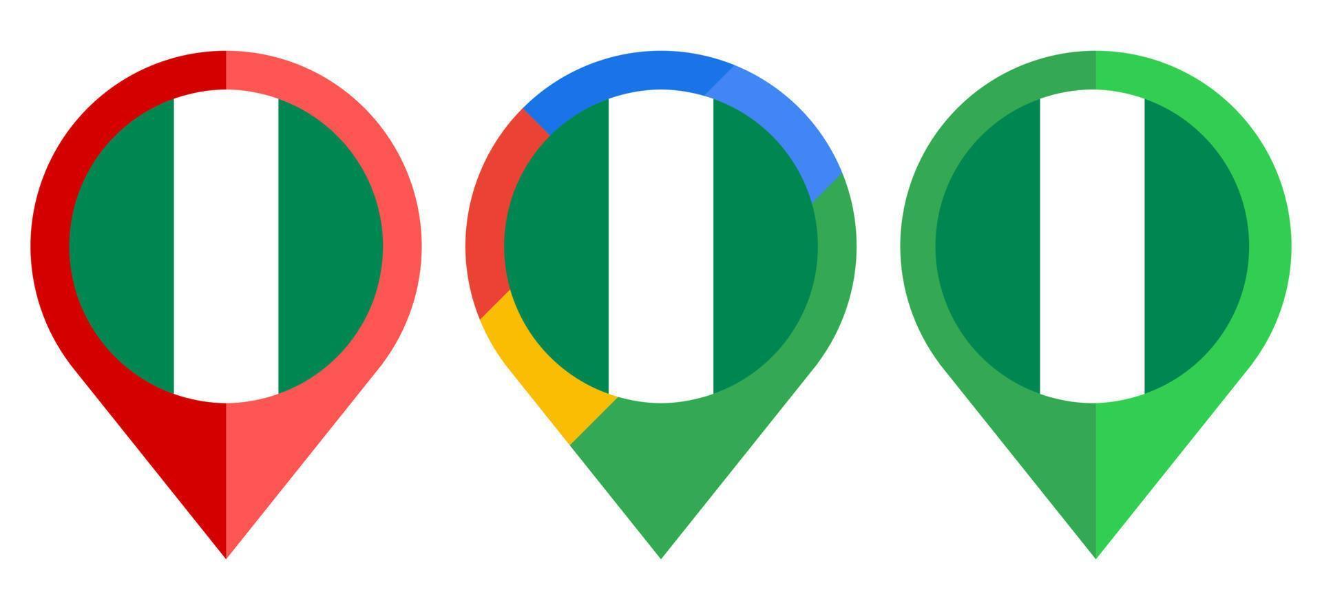 platte kaart marker pictogram met nigeria vlag geïsoleerd op een witte achtergrond vector