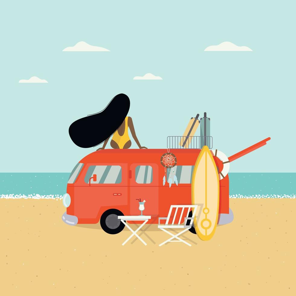 vergeten Factuur Socialisme een vrouw zit op het dak van een auto en kijkt naar de zee. hippiebus,  surf, koffer. ansichtkaart, affiche. vectorillustratie. 6449749 - Download  Free Vectors, Vector Bestanden, Ontwerpen Templates