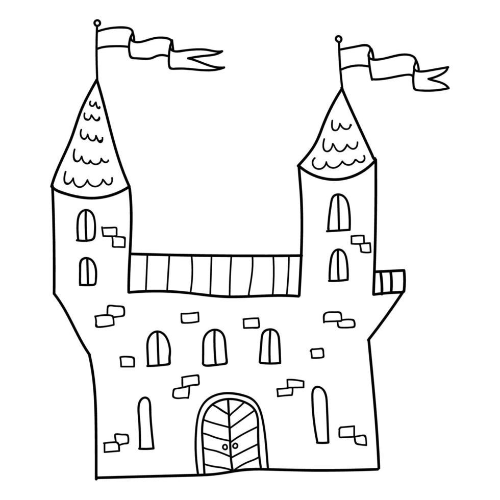 cartoon lineaire doodle retro kasteel met vlag geïsoleerd op een witte achtergrond. vector