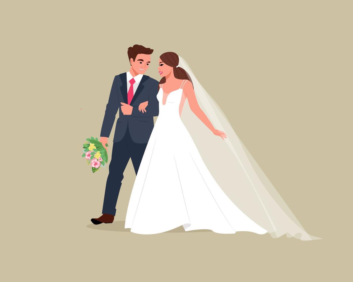 gelukkige bruiden gaan hand in hand lachend. huwelijksuitnodiging. vectorillustratie in platte cartoonstijl vector