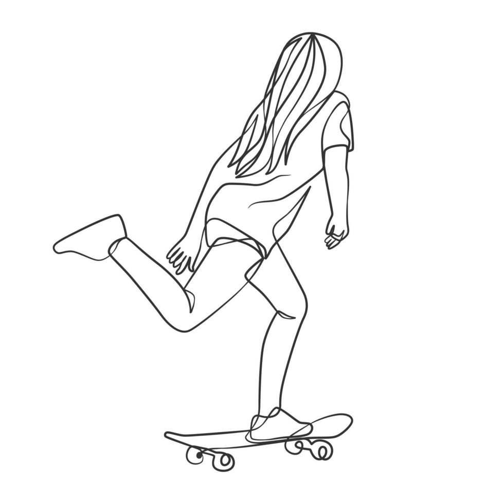 doorlopende lijntekening van meisje dat skateboard speelt vector