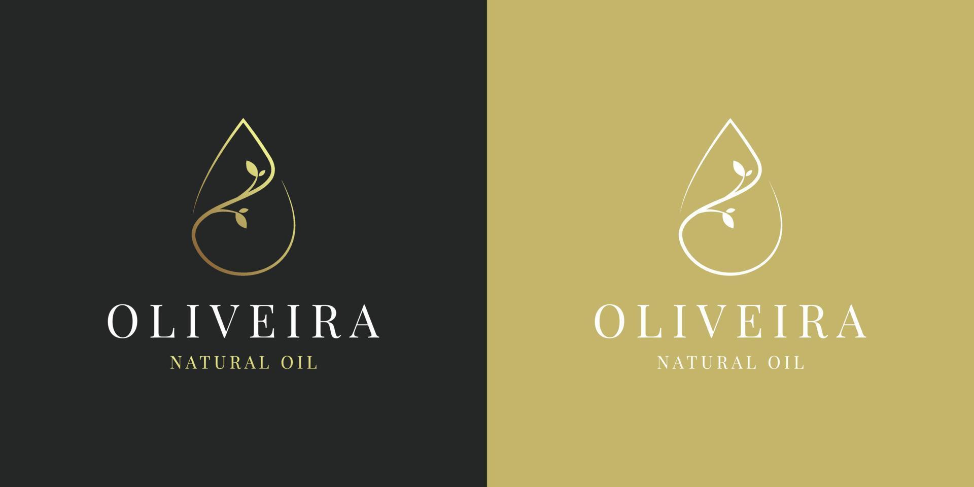 luxe gouden olijfolie, druppel, waterdruppel en bloem, blad, bladeren logo ontwerp vector