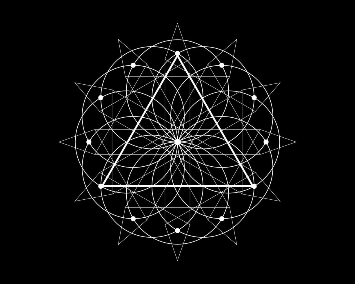 heilige geometrie magische driehoek symbool, derde oog teken. geometrische mystieke mandala van alchemie esoterische bloem van het leven. witte lijn kunst vector cirkel goddelijke meditatieve amulet geïsoleerd op zwarte achtergrond