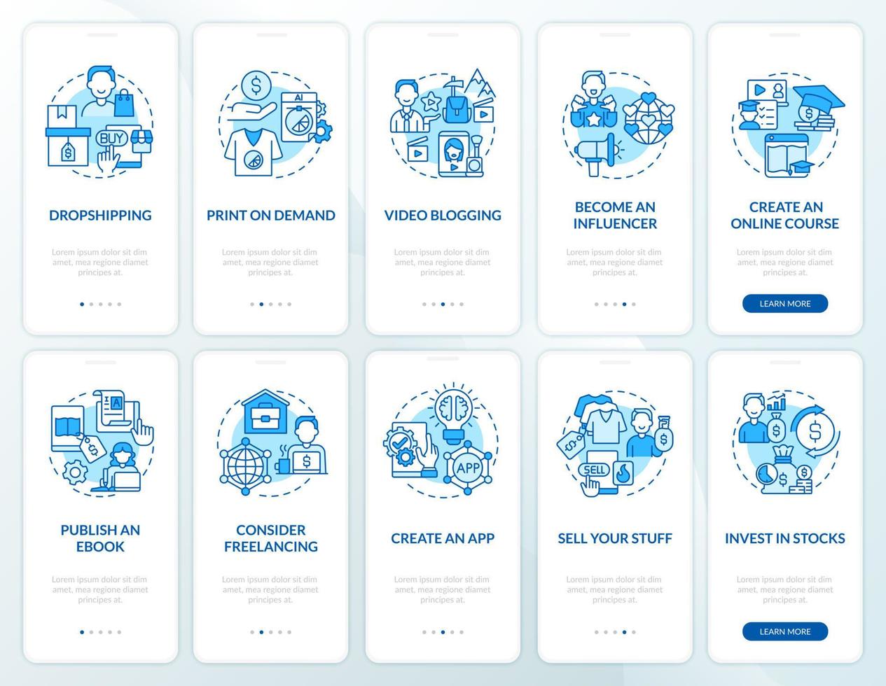 geld verdienen online onboarding mobiele app-paginaschermset. dropshipping walkthrough 5 stappen grafische instructies met concepten. ui, ux, gui vectorsjabloon met lineaire kleurenillustraties vector