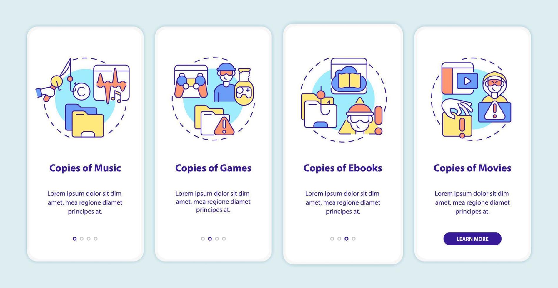 piraterij omvat het onboarding-paginascherm van de mobiele app. illegale kopieën van muziek en boeken walkthrough 4 stappen grafische instructies met concepten. ui, ux, gui vectorsjabloon met lineaire kleurenillustraties vector