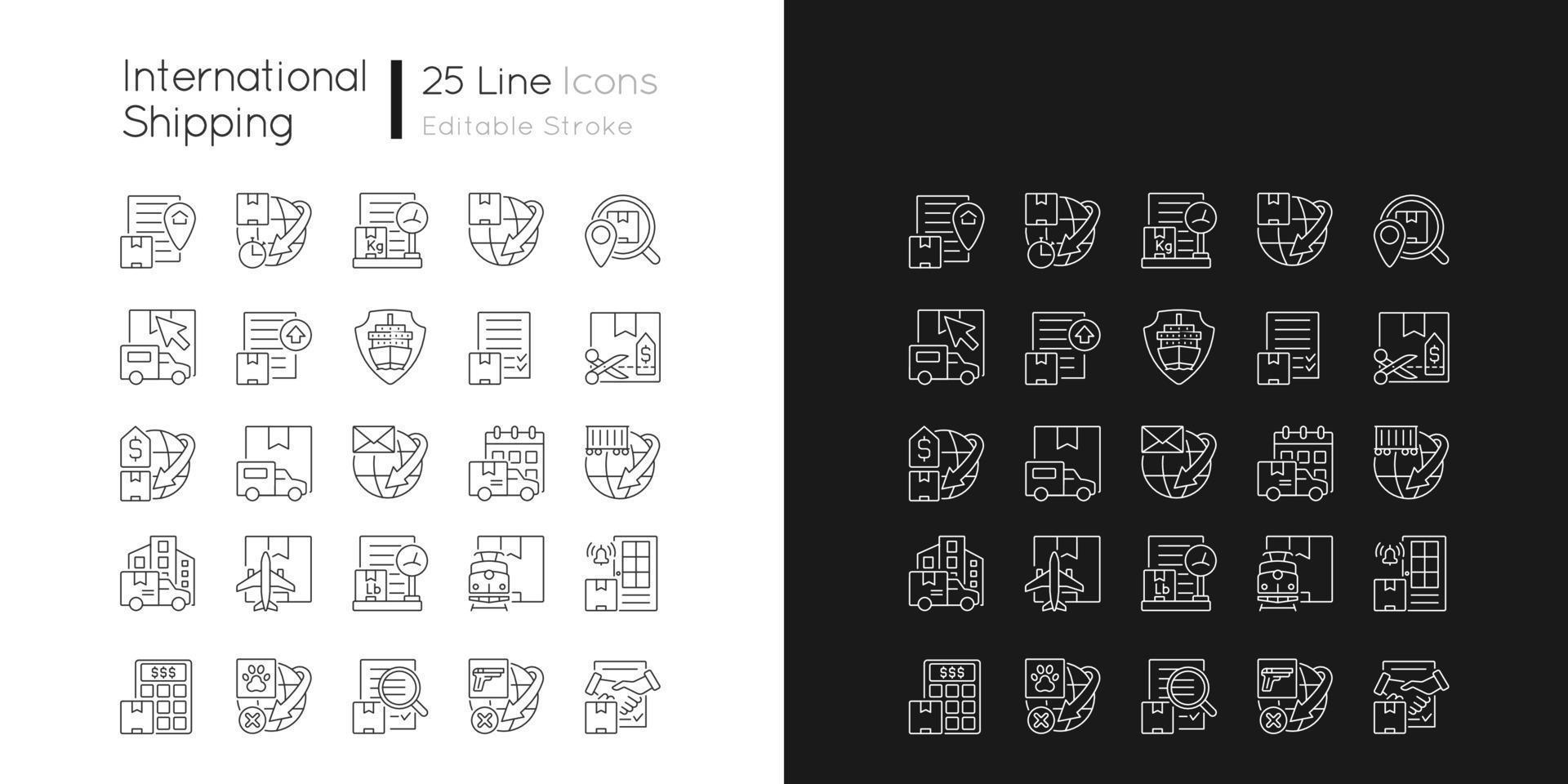 internationale logistieke zakelijke lineaire pictogrammen instellen voor donkere en lichte modus. wereldwijde transportdienst. aanpasbare dunne lijn symbolen. geïsoleerde vectoroverzichtsillustraties. bewerkbare streek vector