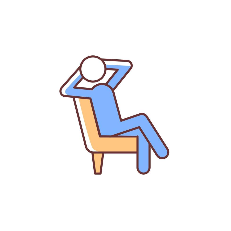 ontspan rgb-kleurenpictogram. man zit in een ontspannen pose. mens die pauze neemt van het werk. persoon zittend in een fauteuil met gekruiste benen. geïsoleerde vectorillustratie. eenvoudige gevulde lijntekening vector