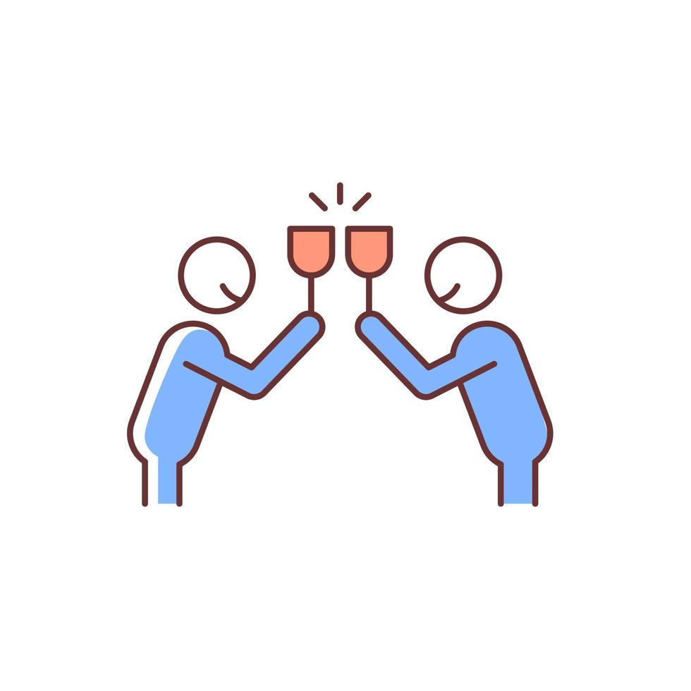 gerinkel bril rgb kleur icoon. twee mensen rammelende glazen met een glimlach. feest feest, vreugdevolle gebeurtenis, vakantie. toast voorstelt. geïsoleerde vectorillustratie. eenvoudige gevulde lijntekening vector