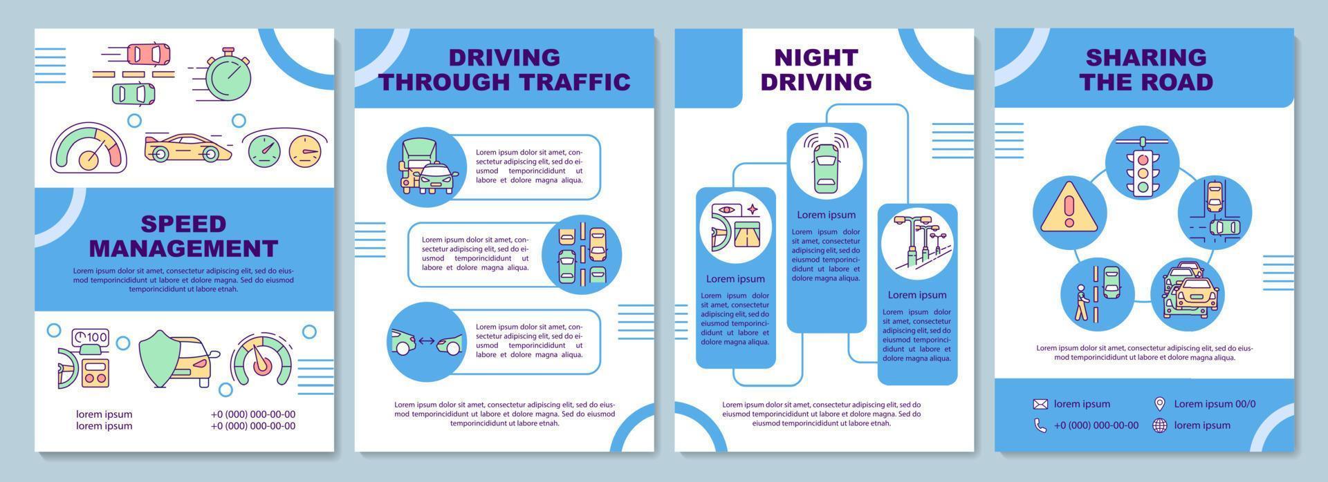 rijcursussen typen brochure sjabloon. Rijopleiding. flyer, boekje, folder afdrukken, omslagontwerp met lineaire pictogrammen. vectorlay-outs voor presentatie, jaarverslagen, advertentiepagina's vector