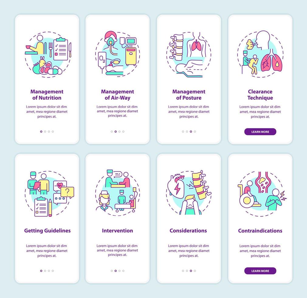 longziekten herstel onboarding mobiele app-paginaschermset. revalidatie walkthrough 4 stappen grafische instructies met concepten. ui, ux, gui vectorsjabloon met lineaire kleurenillustraties vector