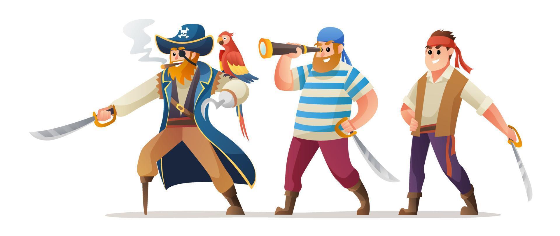 tekenset van piratenkapitein en soldaten met zwaard vector