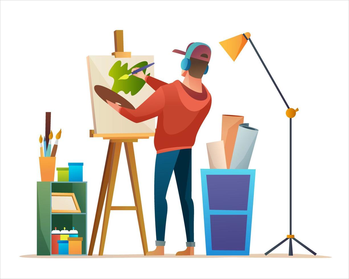 kunstenaar die op canvas schildert terwijl hij naar muziek luistert met een koptelefoon in de illustratie van het studioconcept vector