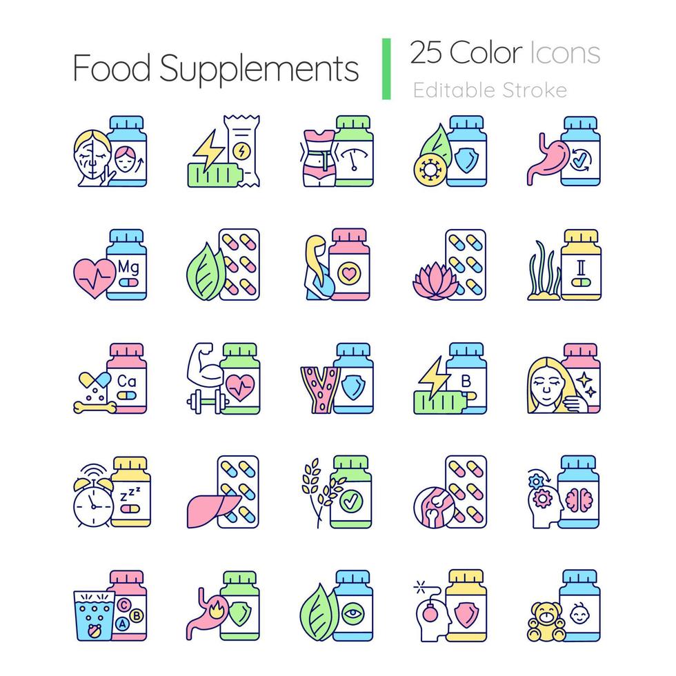 voedingssupplementen rgb kleur iconen set. bron van vitamines en voedingsstoffen. gezond eten. voedingssupplementen voor een gezonde levensstijl. geïsoleerde vectorillustraties. verzameling eenvoudige gevulde lijntekeningen vector