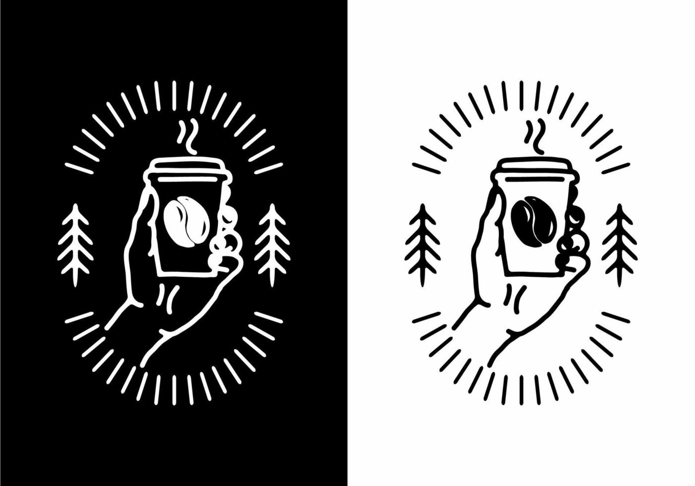 zwart-witte lijnkunstillustratie van hand die een koffie houdt vector