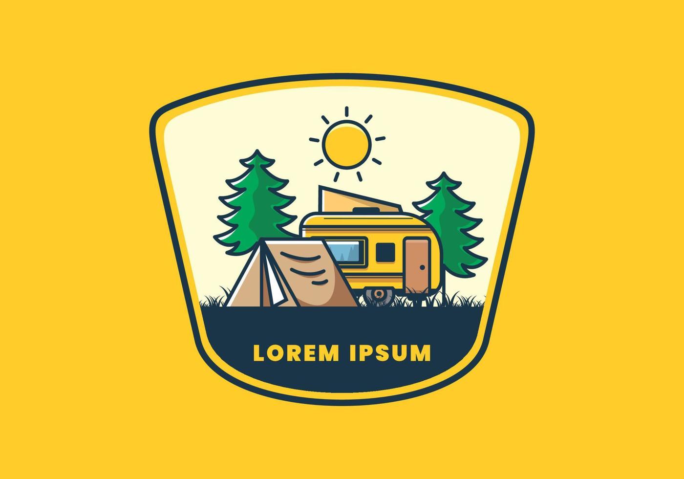 kampeerbusje en tent tussen dennenbomen illustratie vector