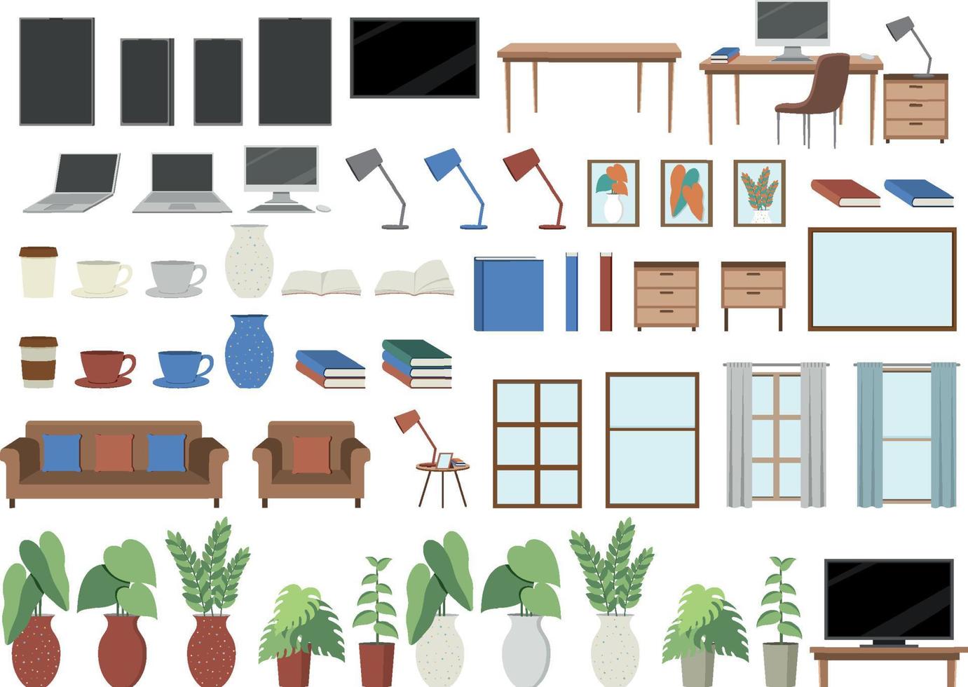 set van verschillende meubels en laptop met plantenpot in thuiskantoor vector