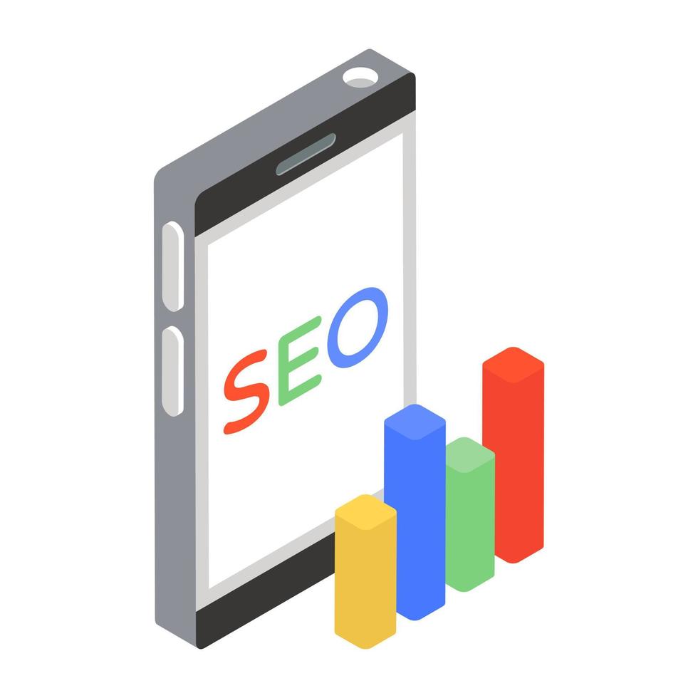 seo binnen telefoon met staafdiagram, weergave van seo-rapport in isometrisch pictogram vector