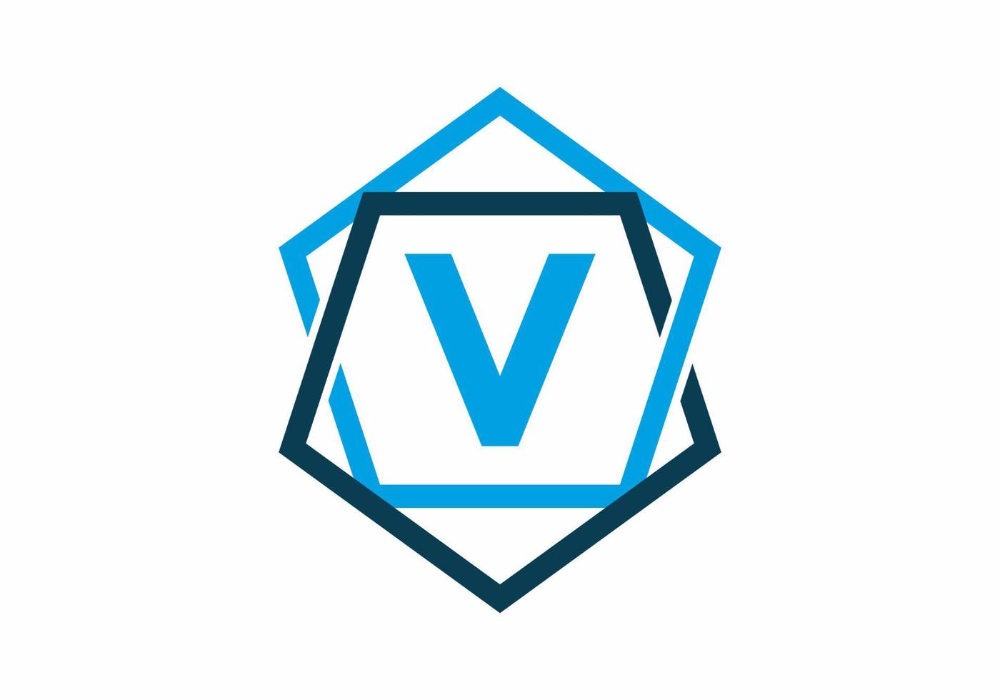 blauwe kleur van de eerste letter v in vijfhoekkader vector