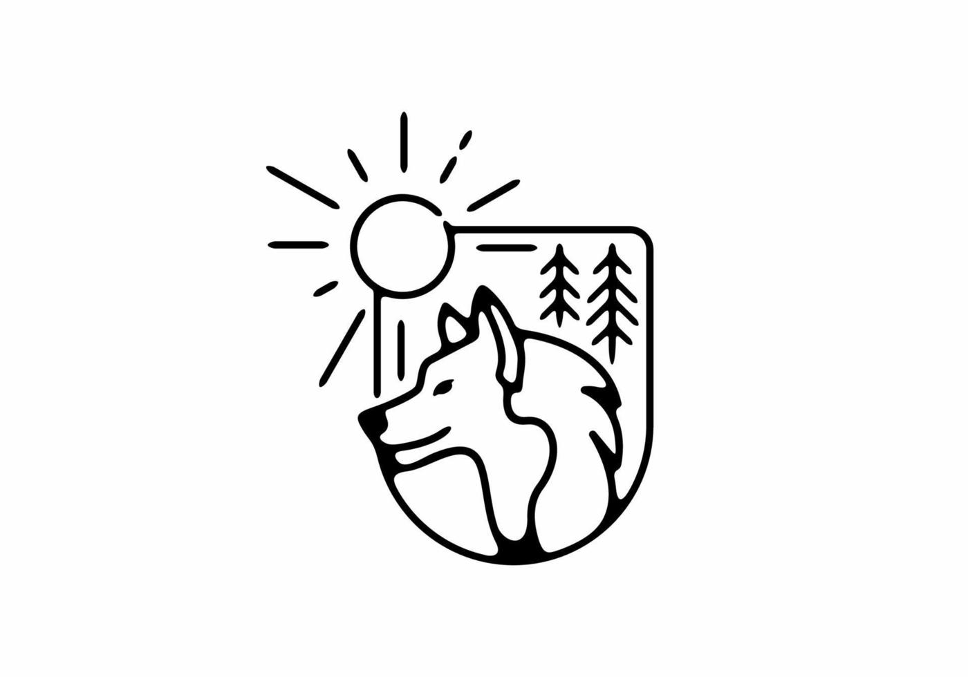 zwarte lijn kunst illustratie van wilde wolf in half ovale vorm vector