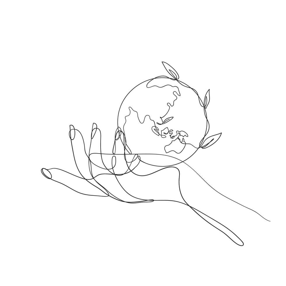 doorlopende lijntekening earth globe en plant symbool voor save earth illustration vector