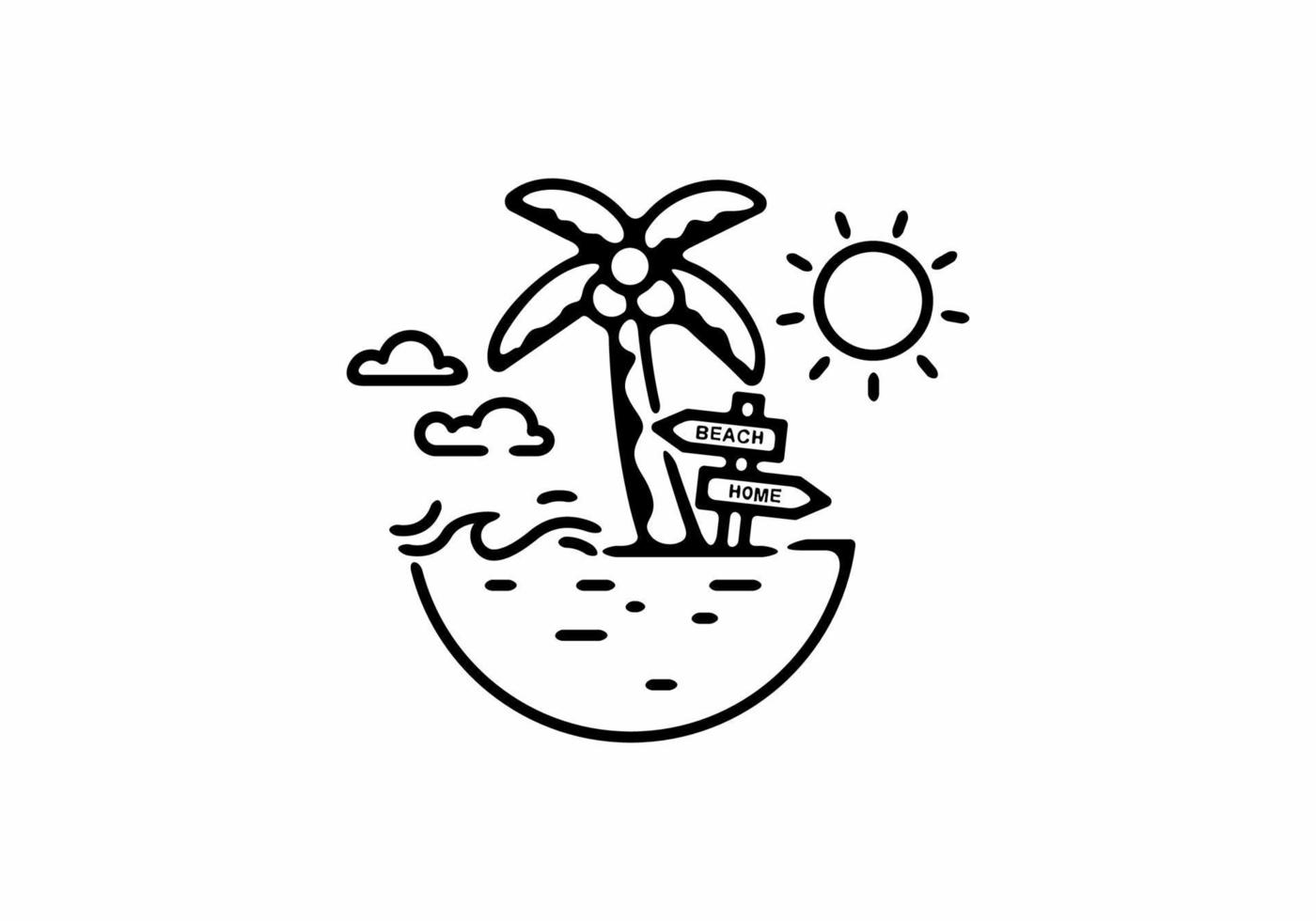 zwarte lijntekeningen van strandillustratie met kokospalmen vector