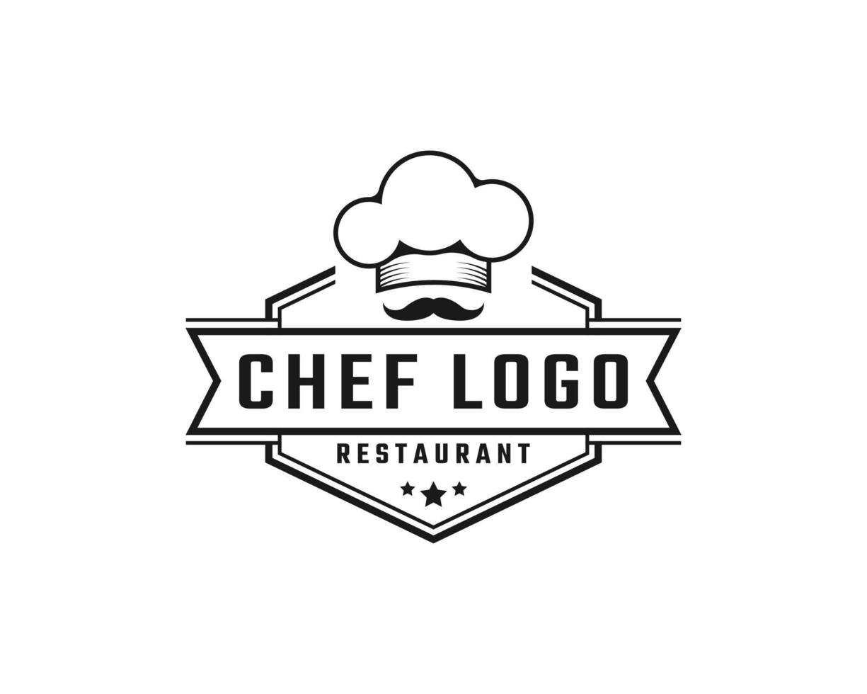 vintage retro label badge embleem chef-kok en restaurant met een pet eenvoudige logo-ontwerpinspiratie vector