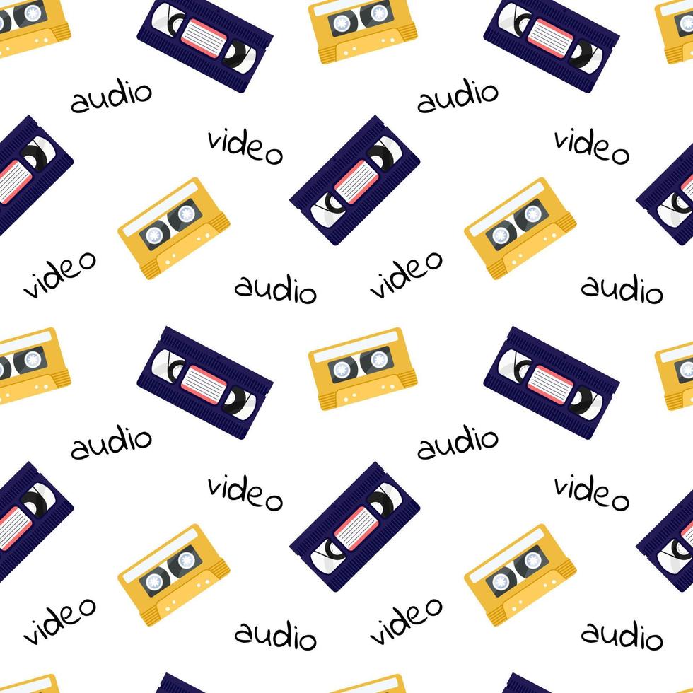 jaren 90 patroon. retro naadloze achtergrond met video- en audiobanden. vhs-cassettes. platte vectorillustratie voor ontwerpen, achtergrond, textiel, stof vector