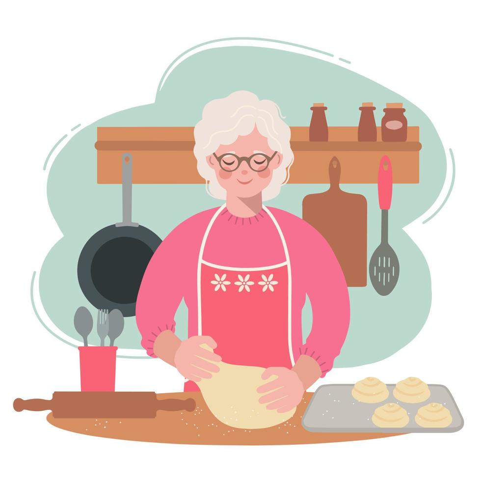oma is in de keuken deeg aan het uitrollen voor broodjes. illustratie van een oudere vrouw die voedsel kookt. vector
