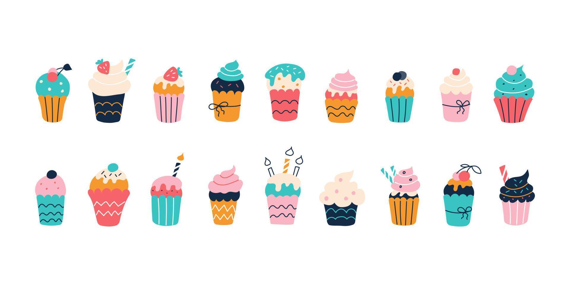 set van heldere kleurrijke cupcakes op witte achtergrond in de stijl van platte doodles. vectorillustratie. kinderkamerinrichting, posters, ansichtkaarten, kleding en interieurartikelen vector