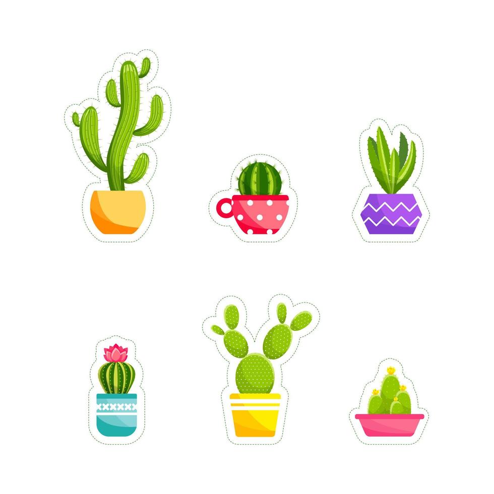 sticker cactussen en vetplanten in bloempotten. vector sticker set schattige groene cactussen en vetplanten in potten. verzameling kamerplanten in potten. geïsoleerd op witte achtergrond