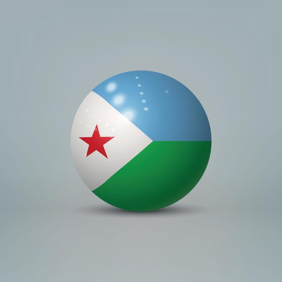 3D-realistische glanzende plastic bal of bol met vlag van djibouti vector