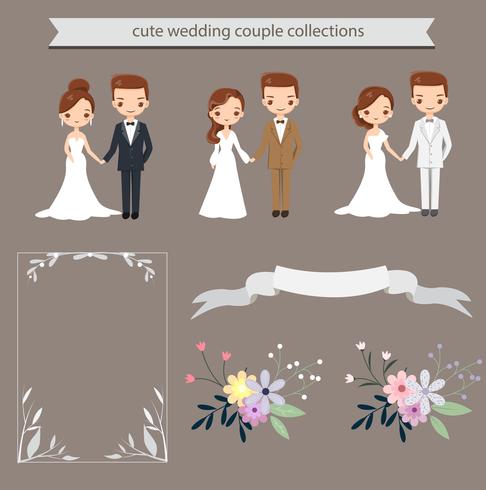 schattige bruid en bruidegom en elementen voor bruiloft uitnodigingen kaartsjabloon vector